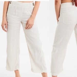 American Eagle Linen Blend Crop Pants High Rise Pleated Ivory Womens Size 16